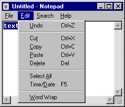 Notepad with Edit menu selected