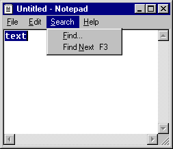 Notepad with Search menu selected
