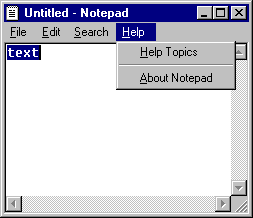 Notepad with Help menu selected